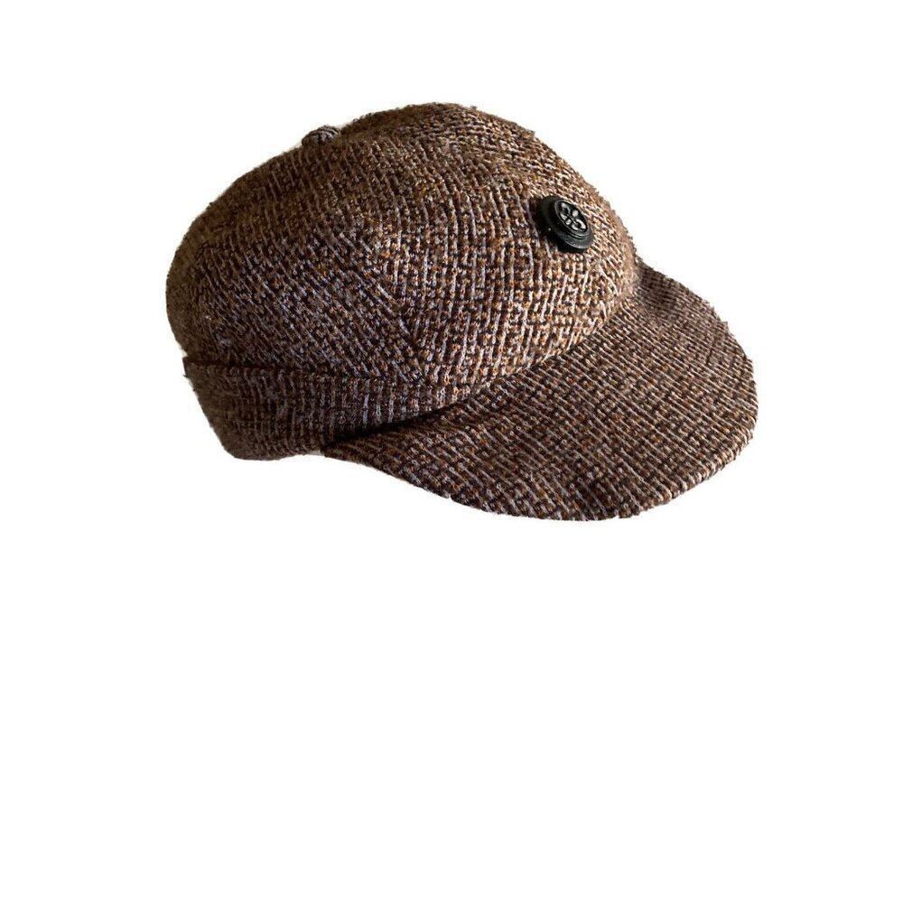 Vintage Newsboy Cap Brown Tweed Fleur-de-lis Button Quilted Ear Flaps Hat L